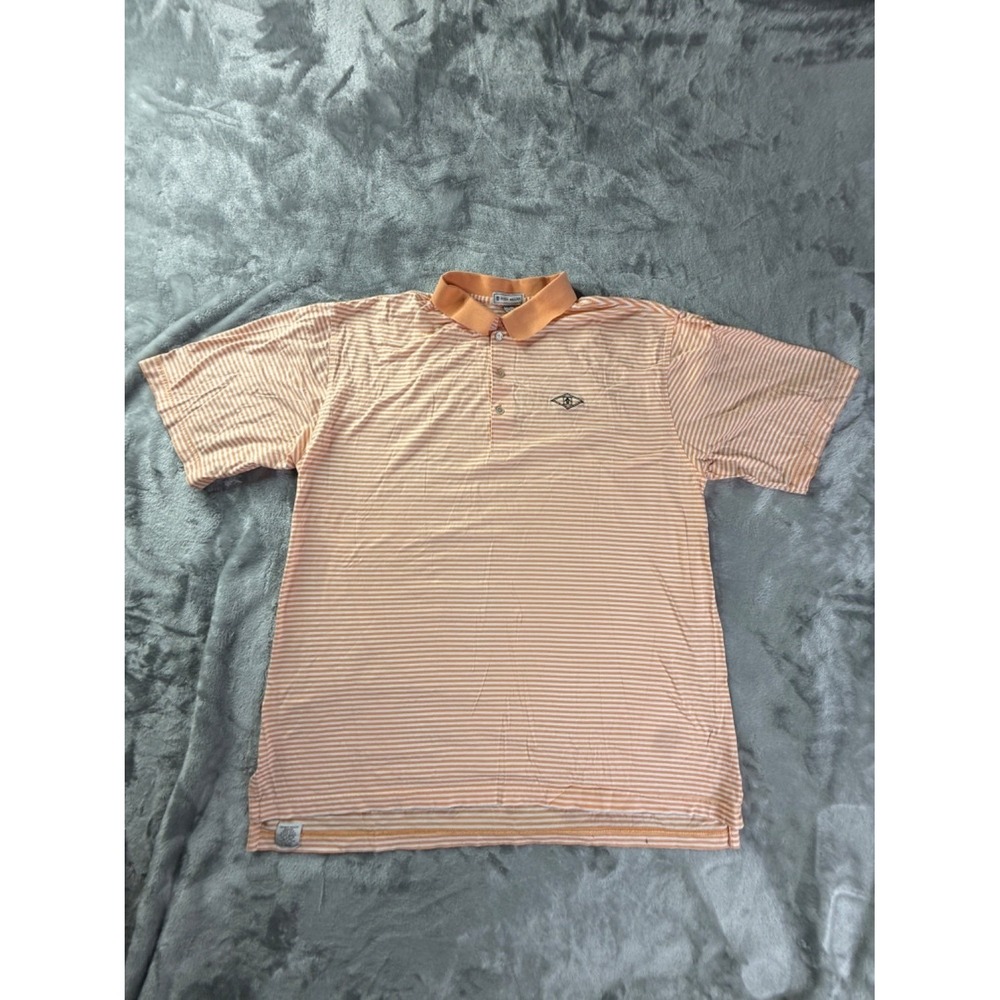 Peter Millar Golf Polo Mens XL Orange Striped Classic Fit Embroidered Side Vents